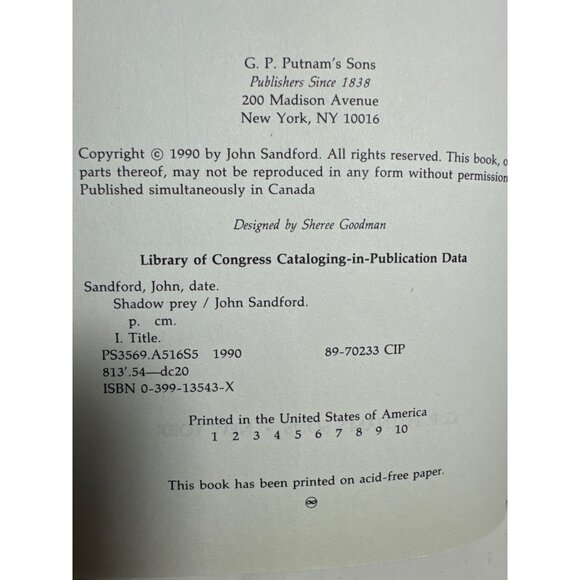 Shadow Prey John Sanford 1st Edition and Printing DJ 1990 G P Putnams Sons NY - Picture 5 of 13